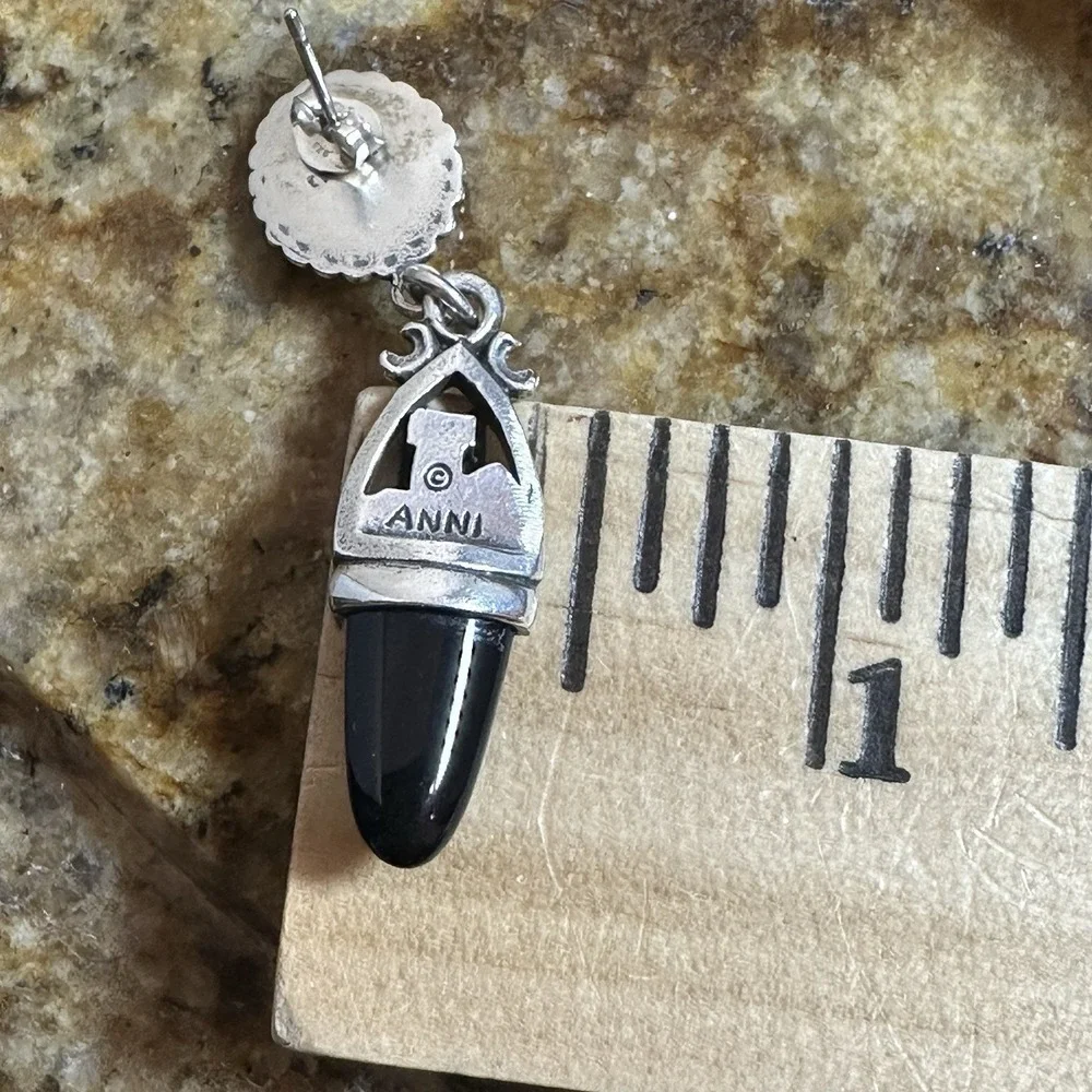 VTG ANNI‎ Stud Dangle Earrings 1.875 Inch Castle Black Onyx 925 Sterling 10.6g